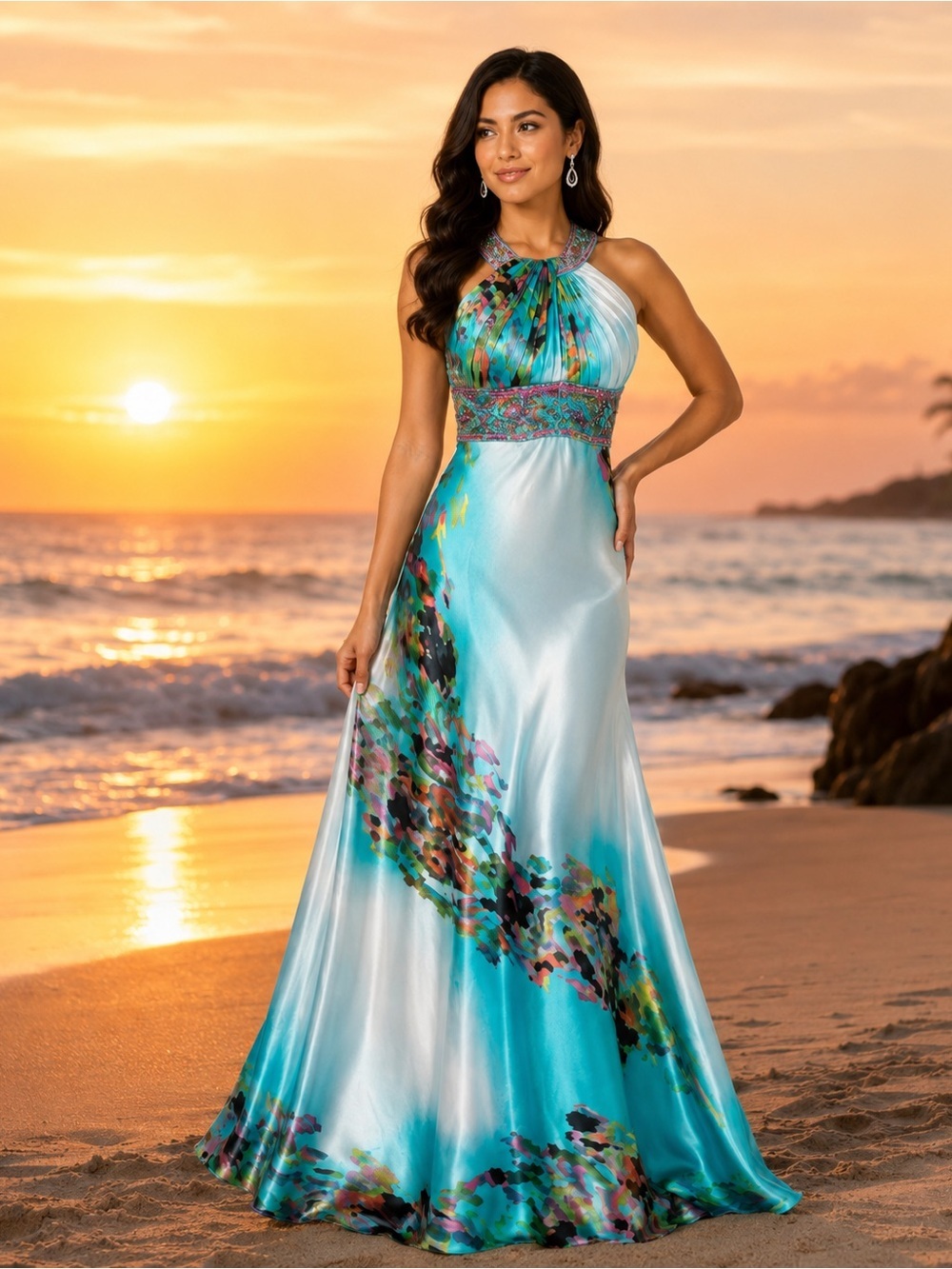 Laura Petites Aqua Multicolour Beaded Halter Maxi Prom Gown Size 2P
